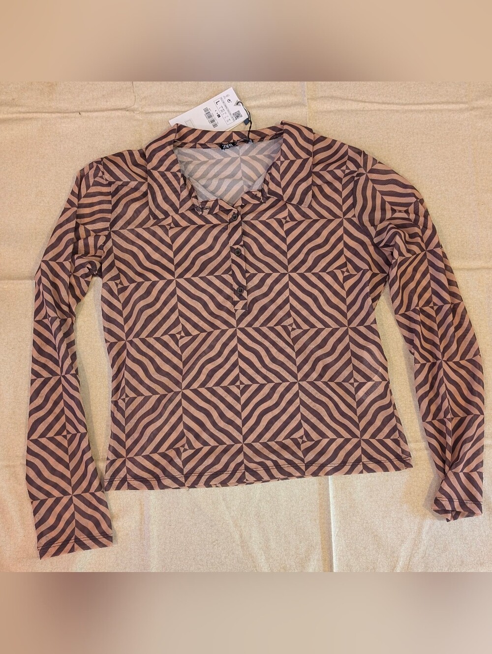 NWT Zara Brown and Beige Mesh Tulle Shirt